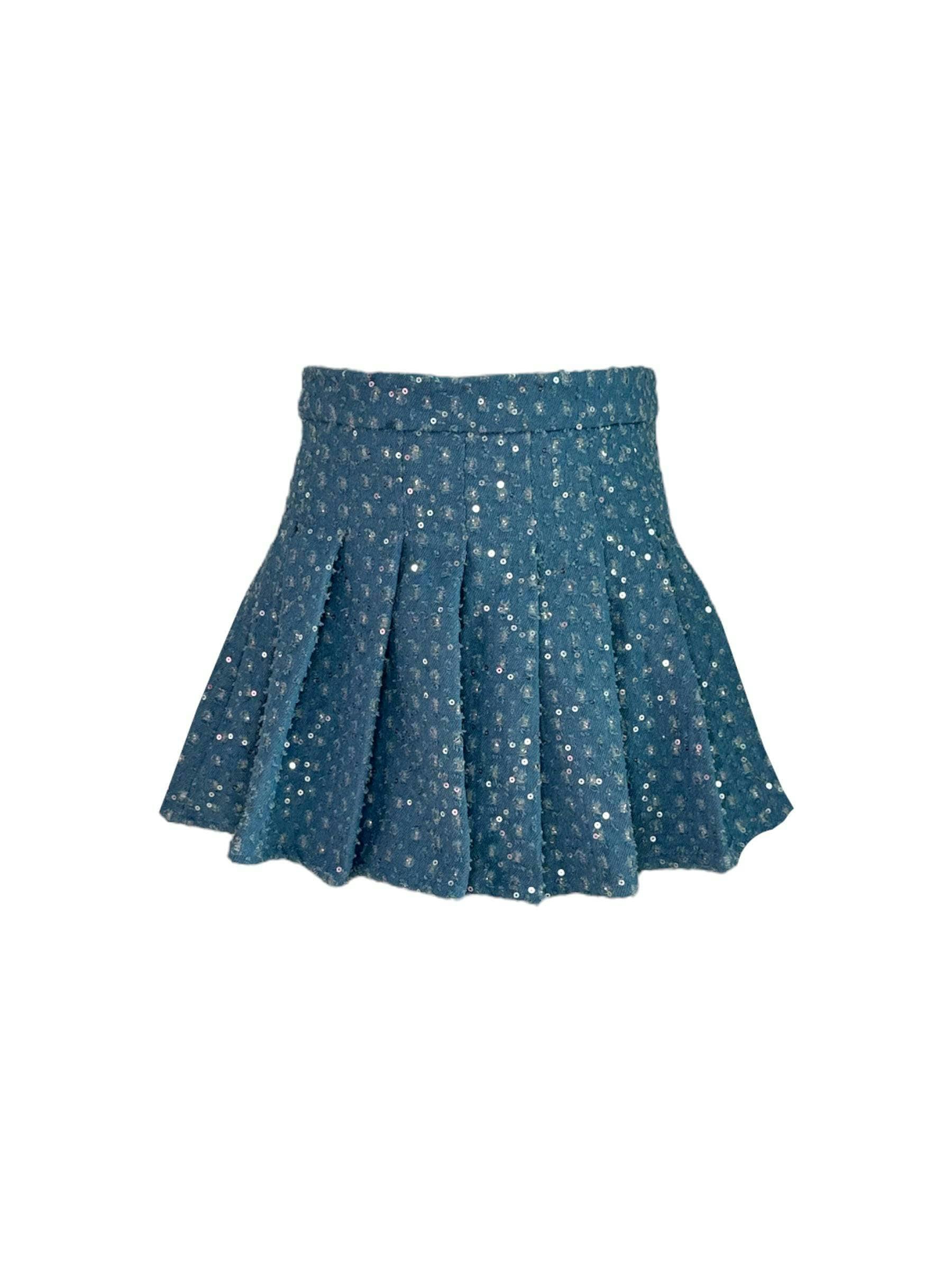 Denim Sparkle Pleated Short Skirt