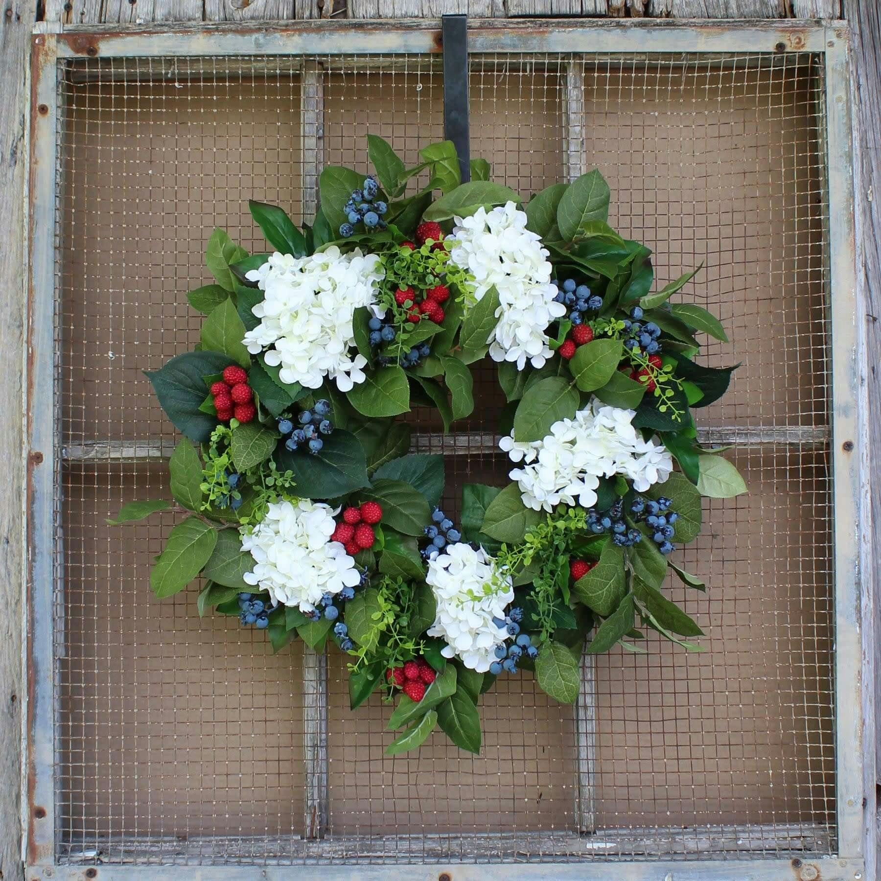 Williamsburg Style Americana Fruit Wreath with Hydrangea, Raspberry & Blueberry Summer Front Door Wreath