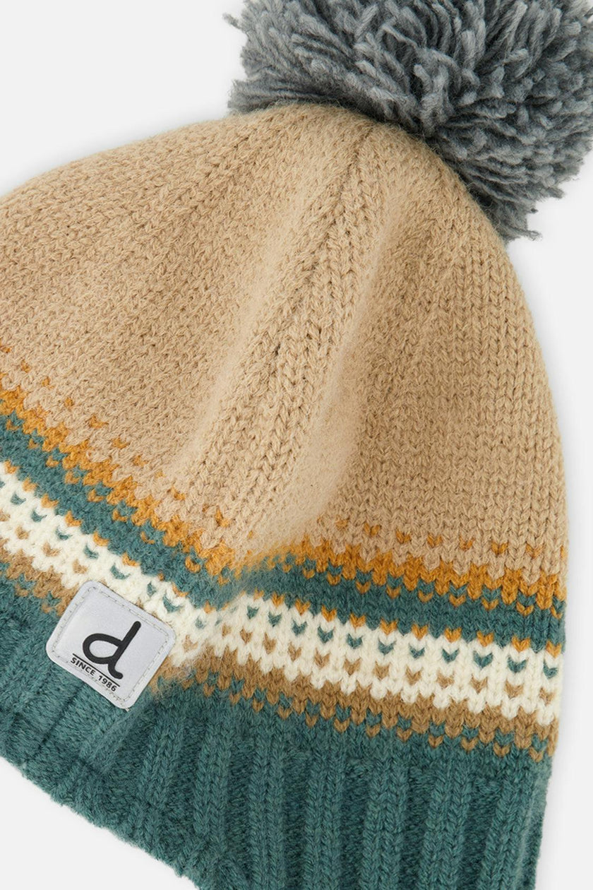 Baby Winter Peruvian Knit Hat with Pompom Beige and Green Jacquard
