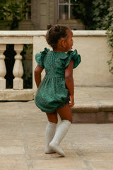 Baby Hattie Romper in Green Flocked Dot Tulle