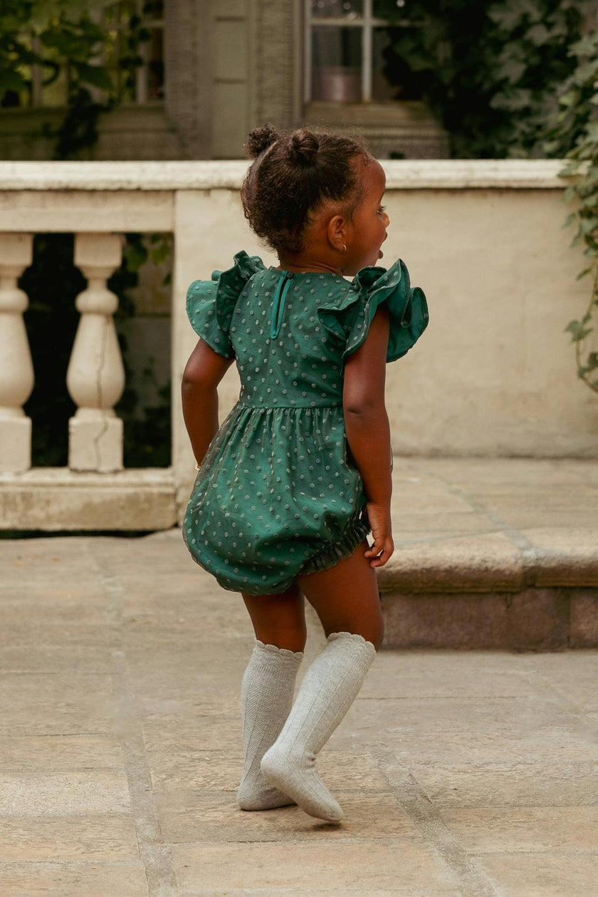Baby Hattie Romper in Green Flocked Dot Tulle
