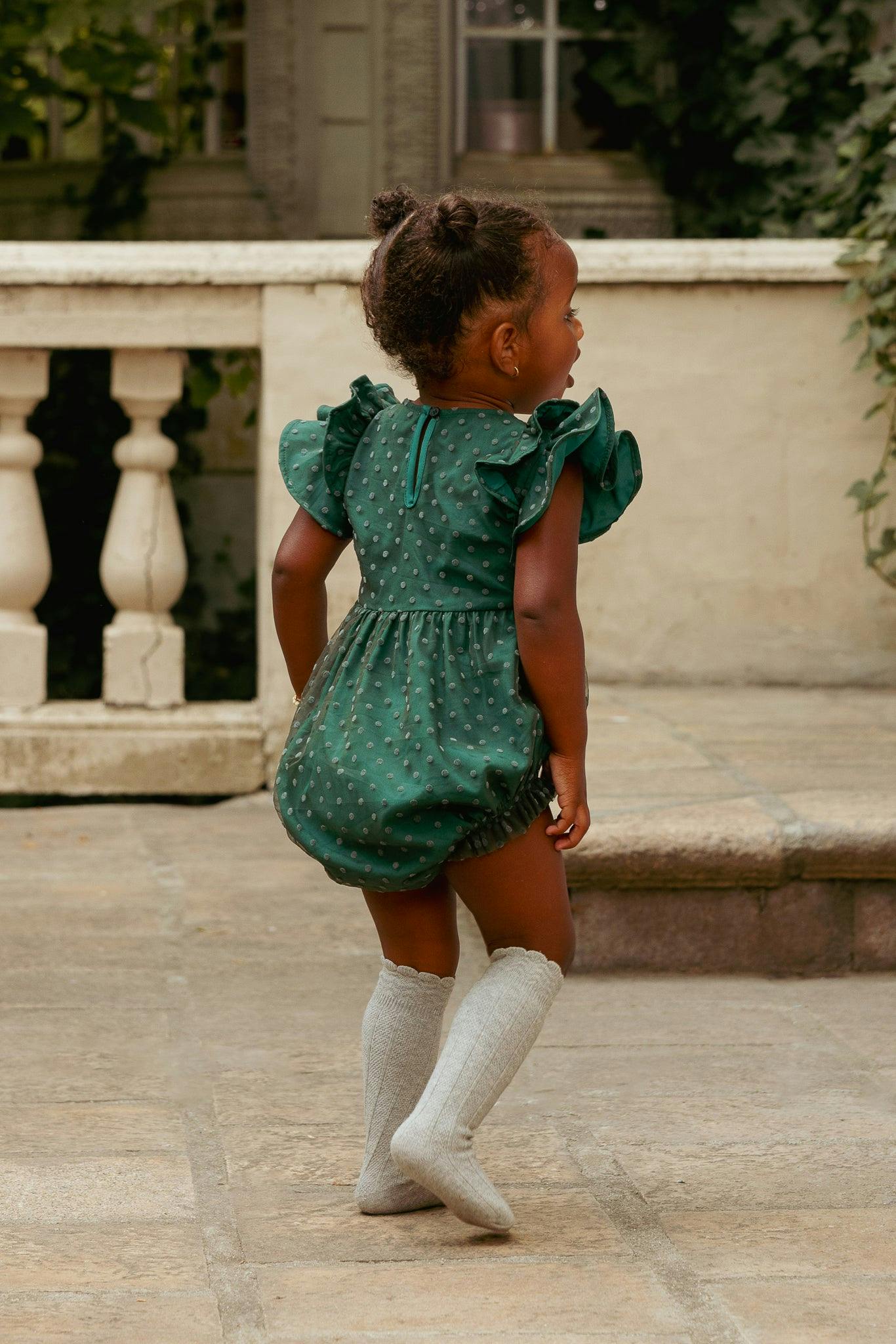 Baby Hattie Romper in Green Flocked Dot Tulle