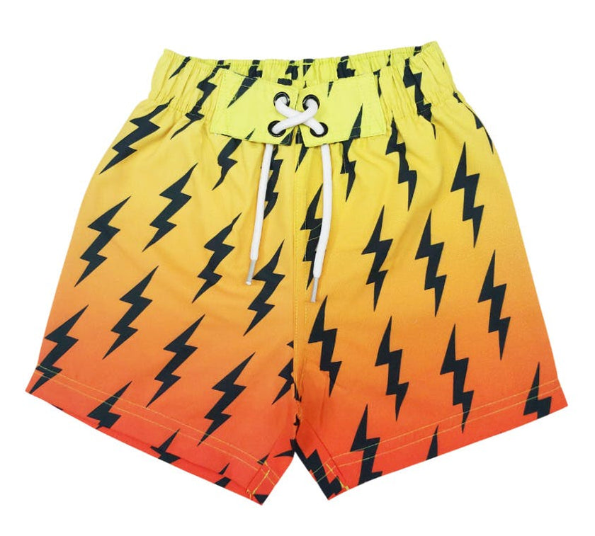 Kids Swim Board Shorts - Orange Gradient Bolt