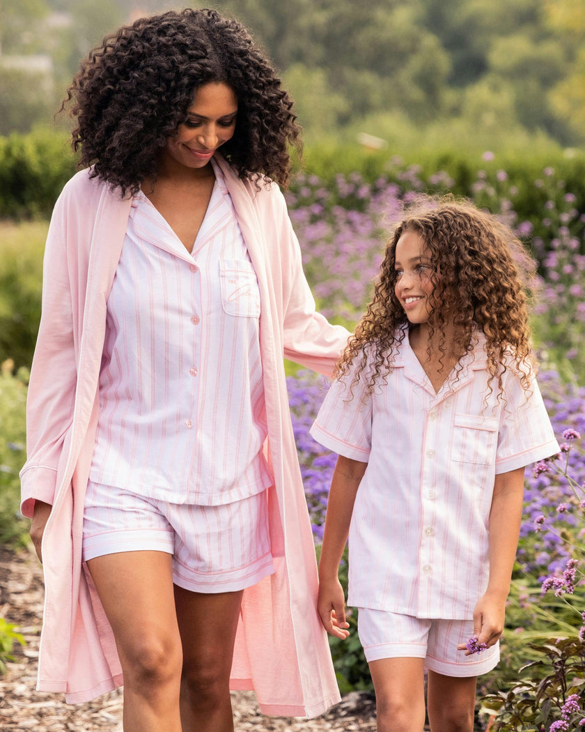 Kid's Twill Pajama Short Set in Pink Stripe