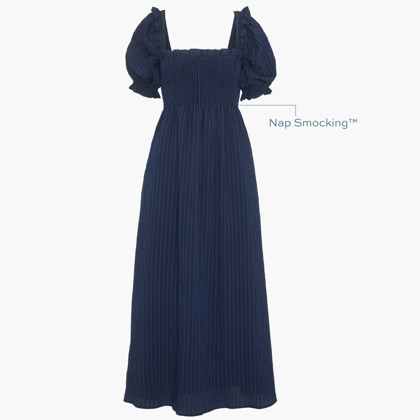 The Scarlett Midi Nap Dress - Navy Tonal Seersucker