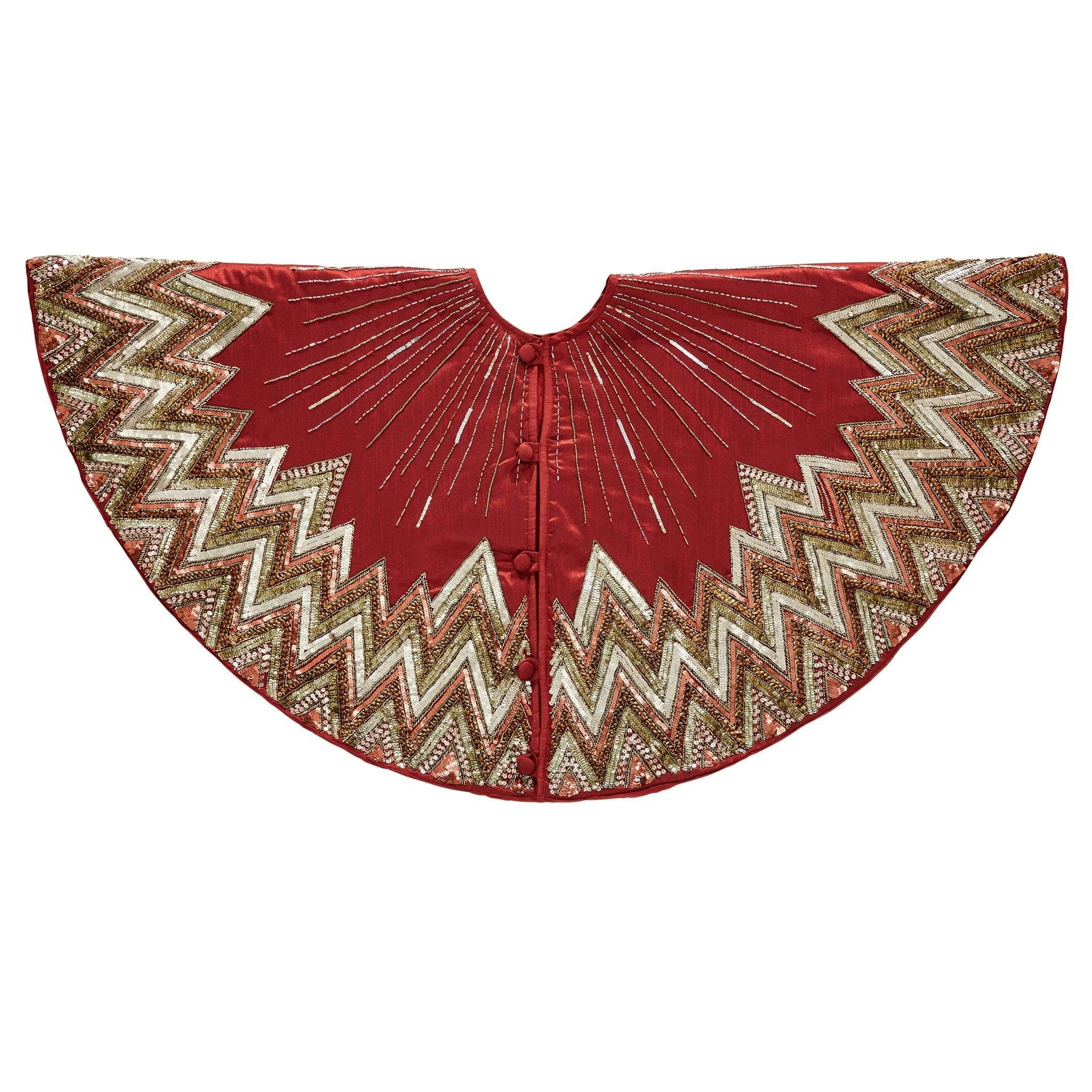 Handmade Christmas Tree Skirt - Hand Beaded Metallic Starburst on Garnet Red- 60