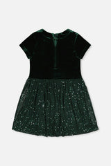 Bi-Material Short Sleeve Dress With Glittering Skirt Green Forest