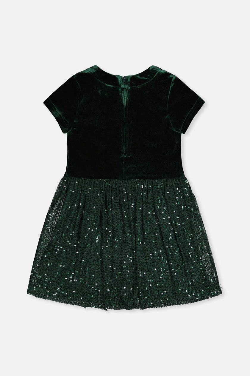 Bi-Material Short Sleeve Dress With Glittering Skirt Green Forest