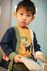 Knit Cardigan With Dino Dark Blue, Green And Yellow