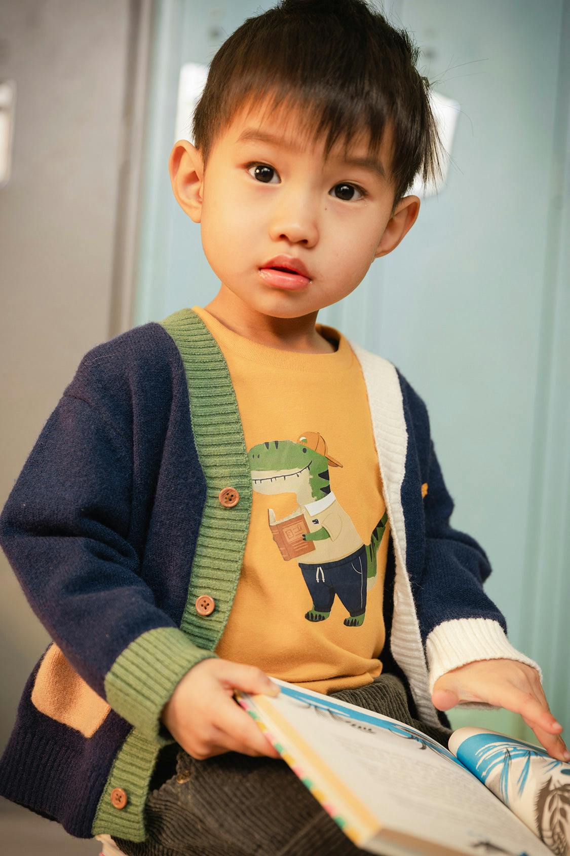 Knit Cardigan With Dino Dark Blue, Green And Yellow