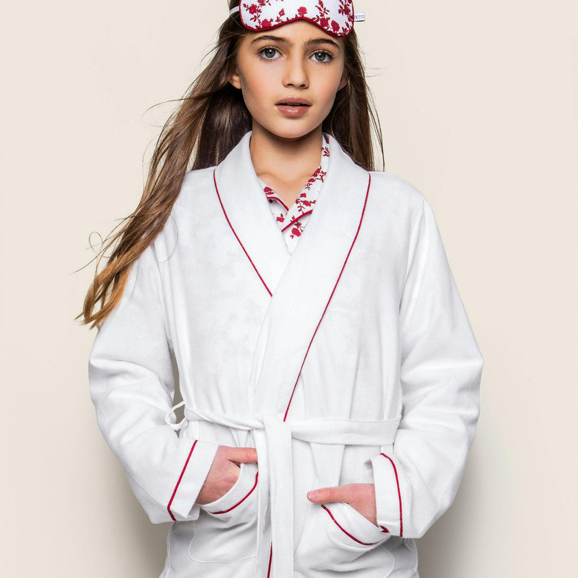 Kid's Flannel Robe in White with Red Piping