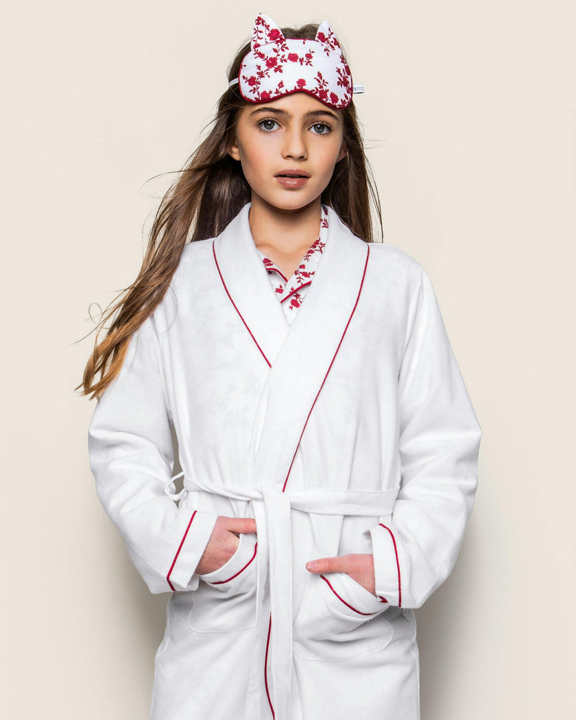 Kid's Flannel Robe in White with Red Piping