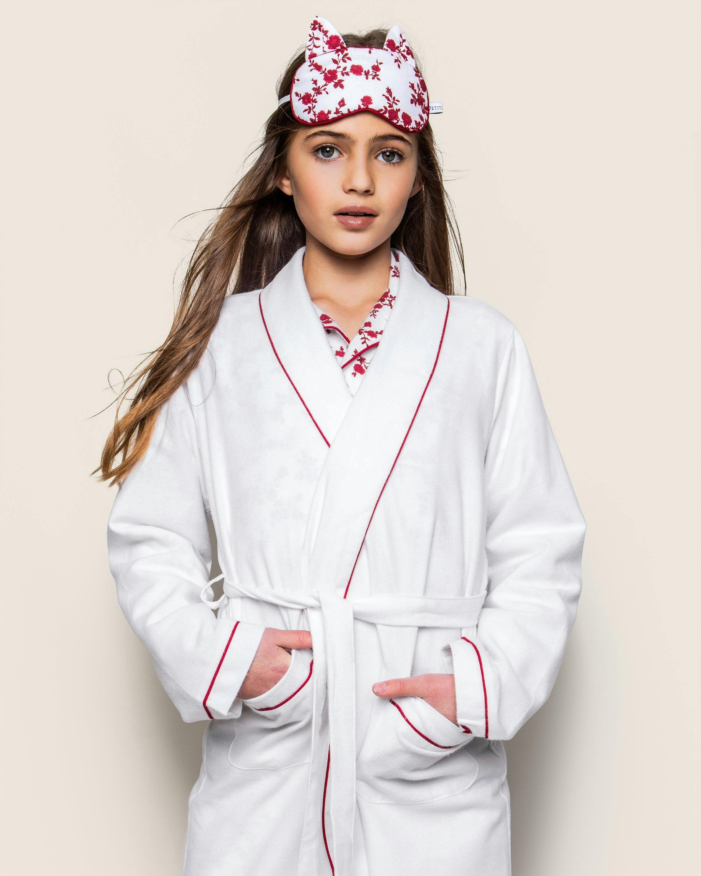 Kid's Flannel Robe in White with Red Piping
