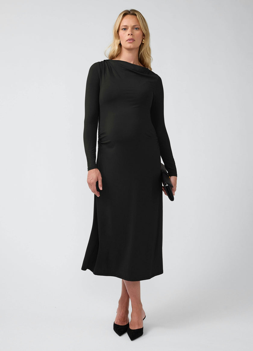 Ruched Long Sleeve Mock Neck Maternity Midi Dress