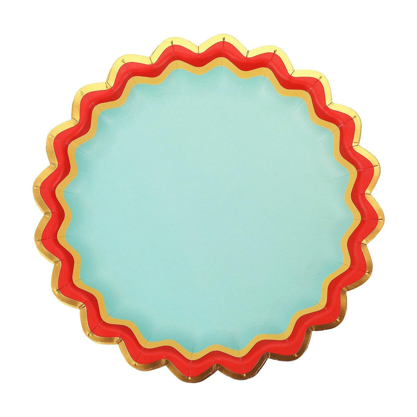 Packed Party Rainbow Ric Rac 10ct Paper Dessert Plates | Gold Foil Scalloped 5-Color Mix Party Plates | 8 Inch Birthday Plates