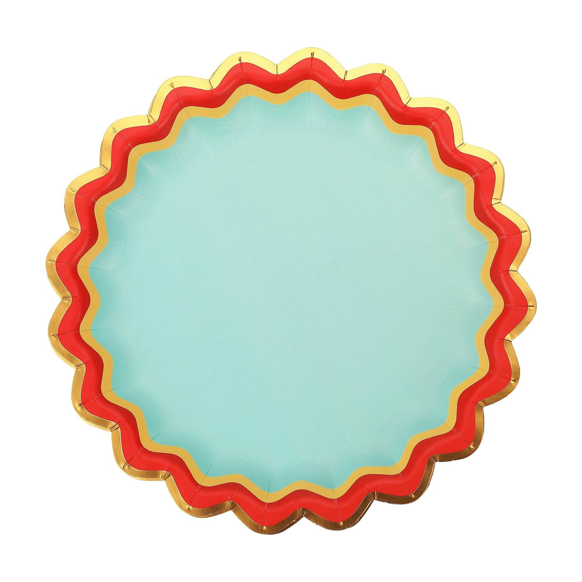 Packed Party Rainbow Ric Rac 10ct Paper Dessert Plates | Gold Foil Scalloped 5-Color Mix Party Plates | 8 Inch Birthday Plates