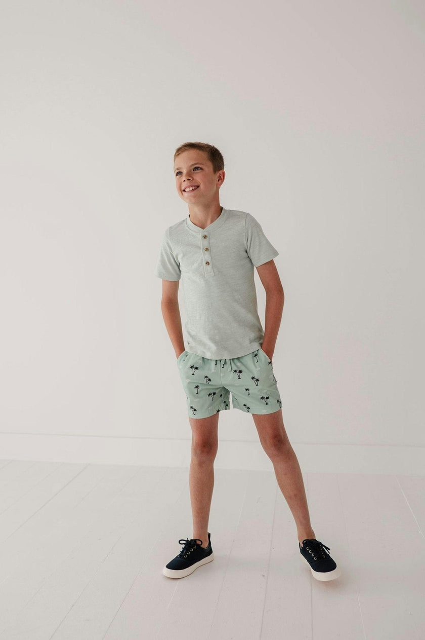 Boys Short Sleeve Henley Shirt in Aqua Island