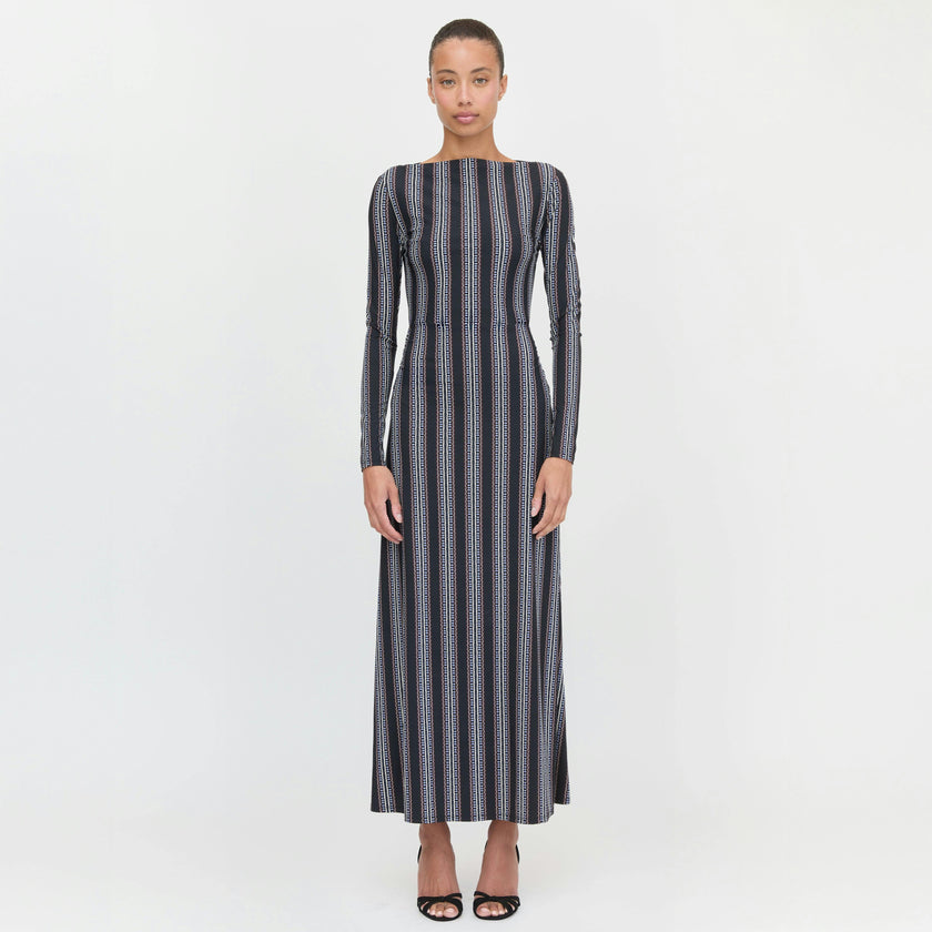 The Selene Dress - Black Cobalt Medallion Stripe