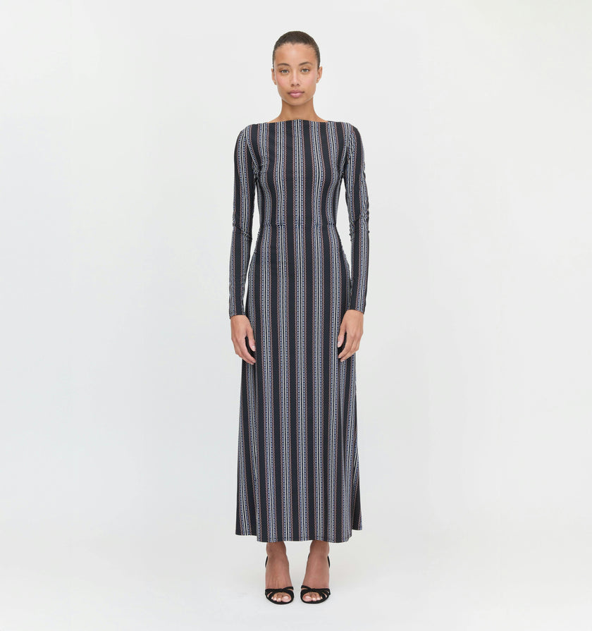 The Selene Dress - Black Cobalt Medallion Stripe
