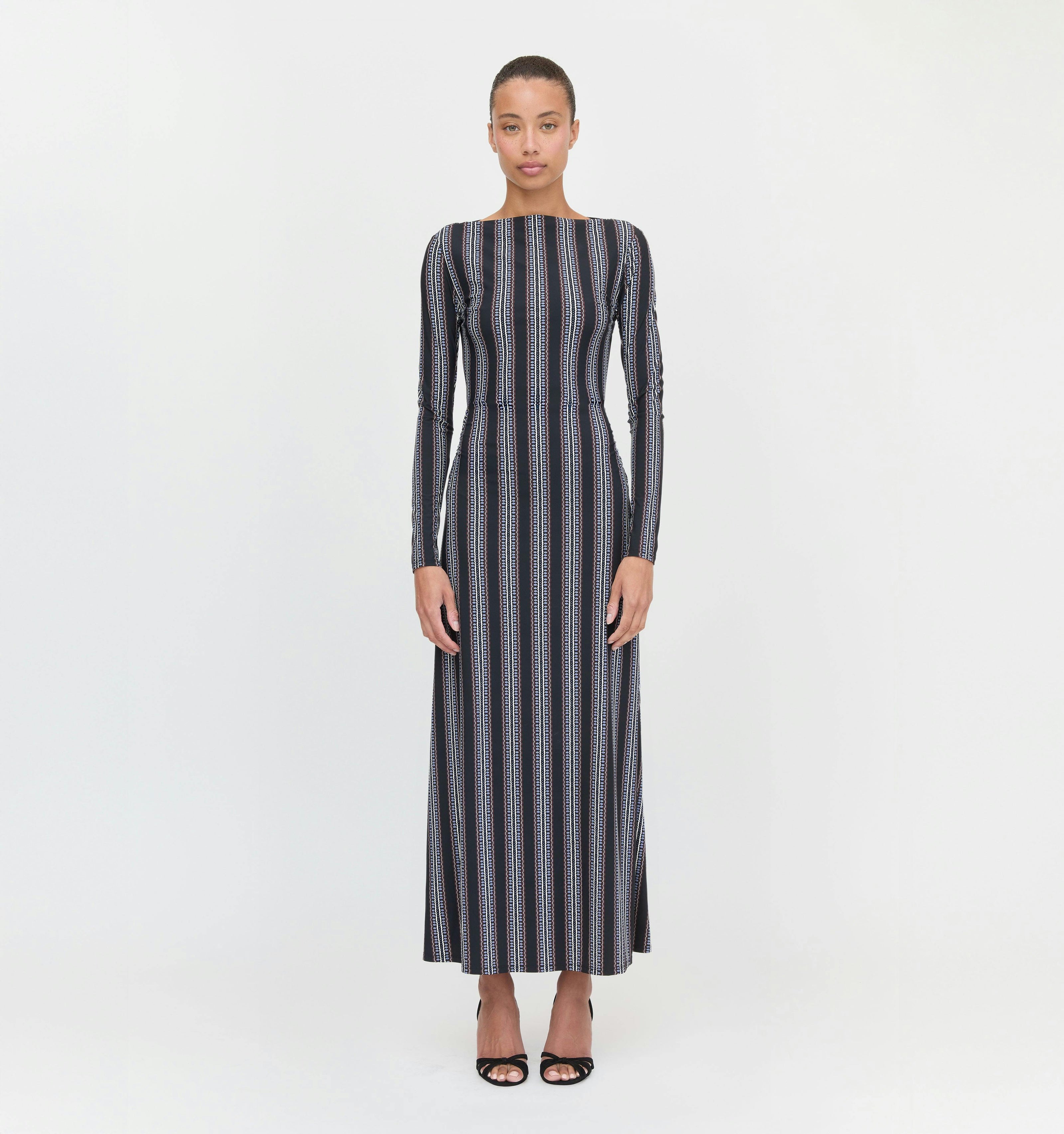 The Selene Dress - Black Cobalt Medallion Stripe