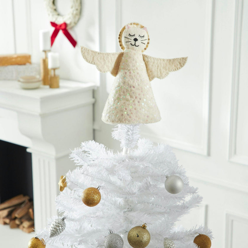 Handmade Cat Angel Felt Christmas Tree Topper Cream Arcadia Home