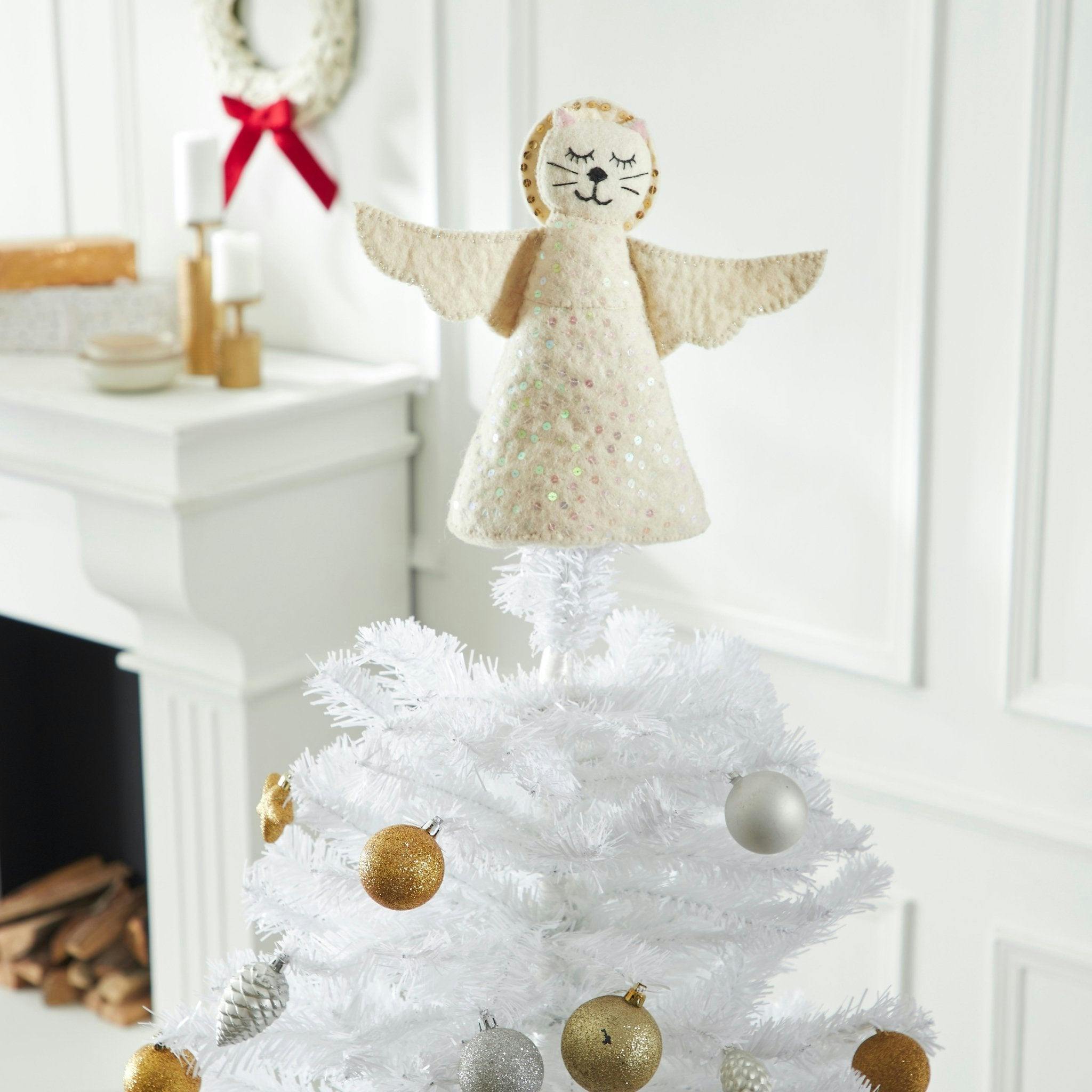 Handmade Cat Angel Felt Christmas Tree Topper Cream Arcadia Home
