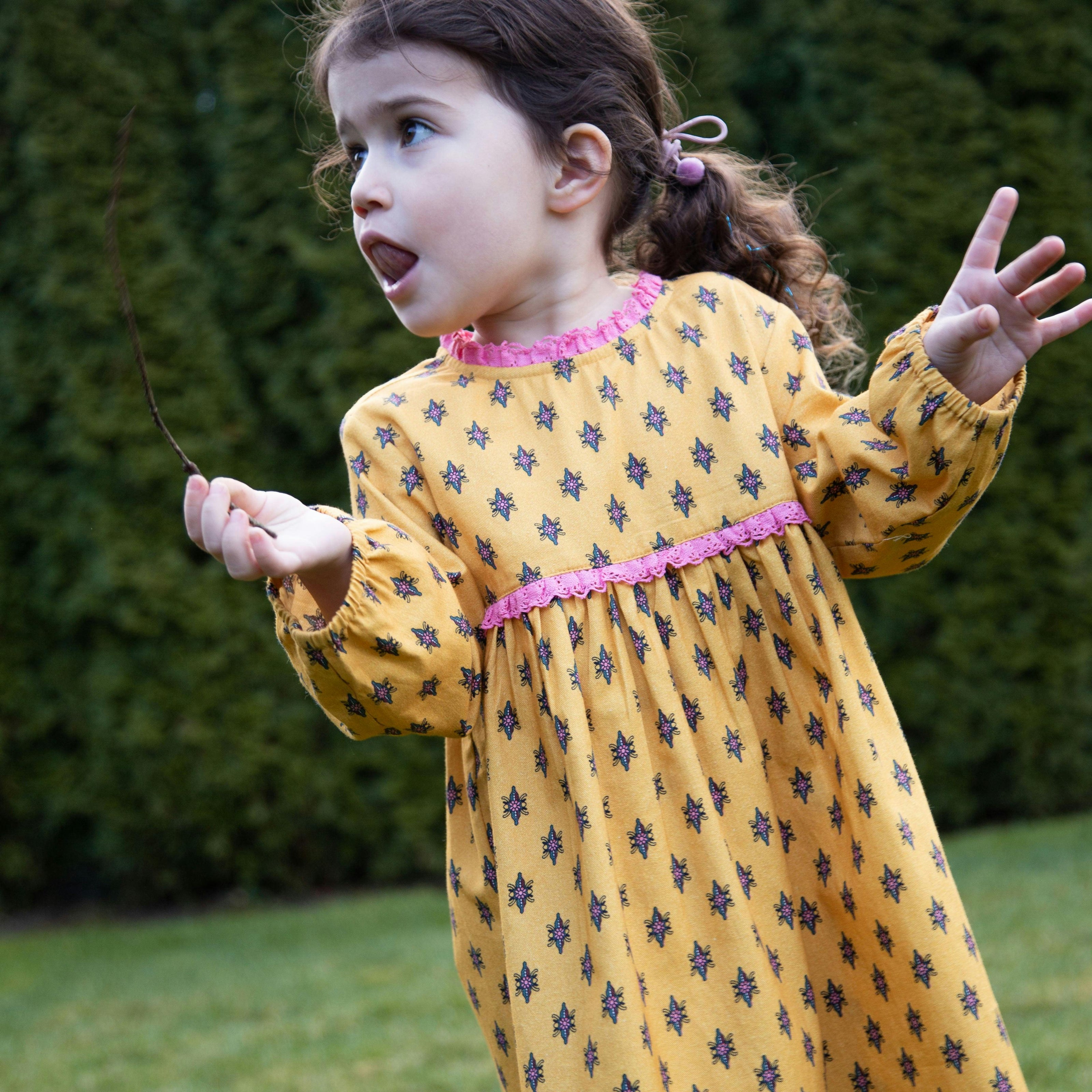 Toddler All-Over Print Lace Trim Long Sleeve Dress