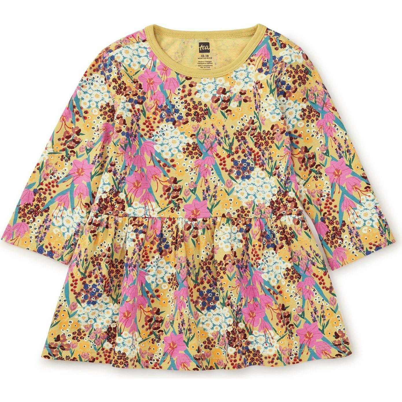 Crew Neck Long Sleeve Gathered Skirt Dress, Yellow