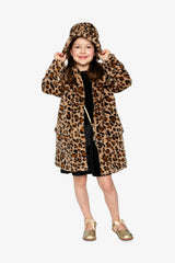 Faux Fur Long Coat Brown Leopard Print