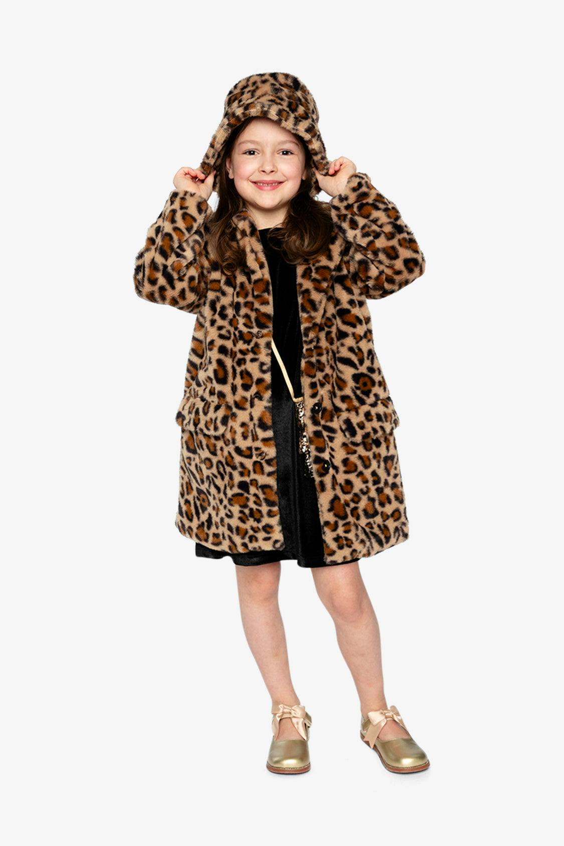 Faux Fur Long Coat Brown Leopard Print