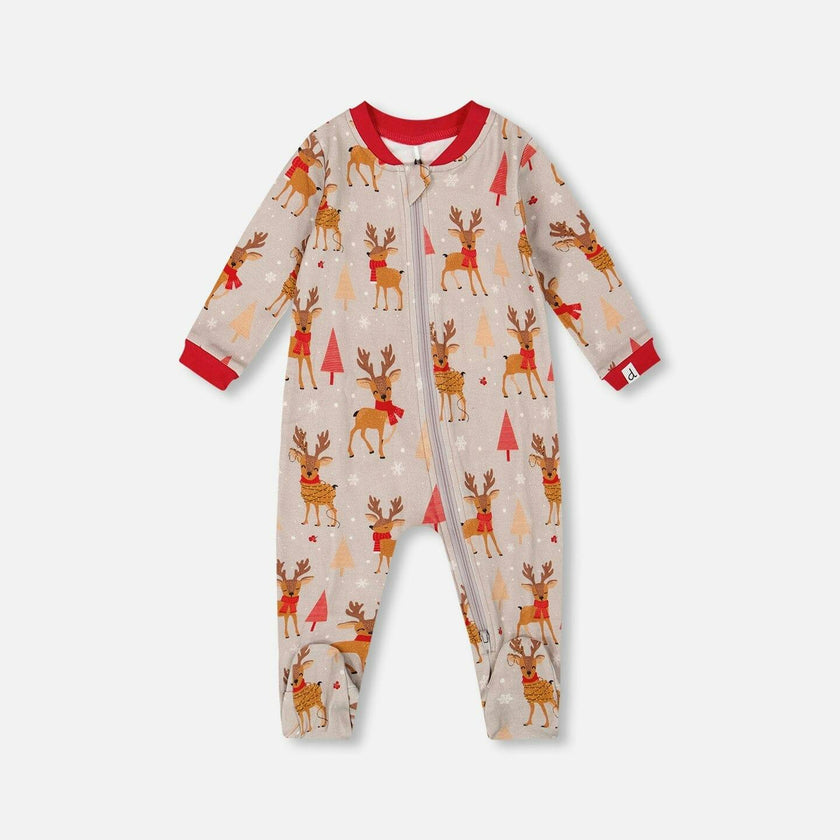One-Piece Organic Cotton Pajama Beige Reindeer Print