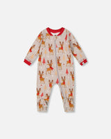 One-Piece Organic Cotton Pajama Beige Reindeer Print