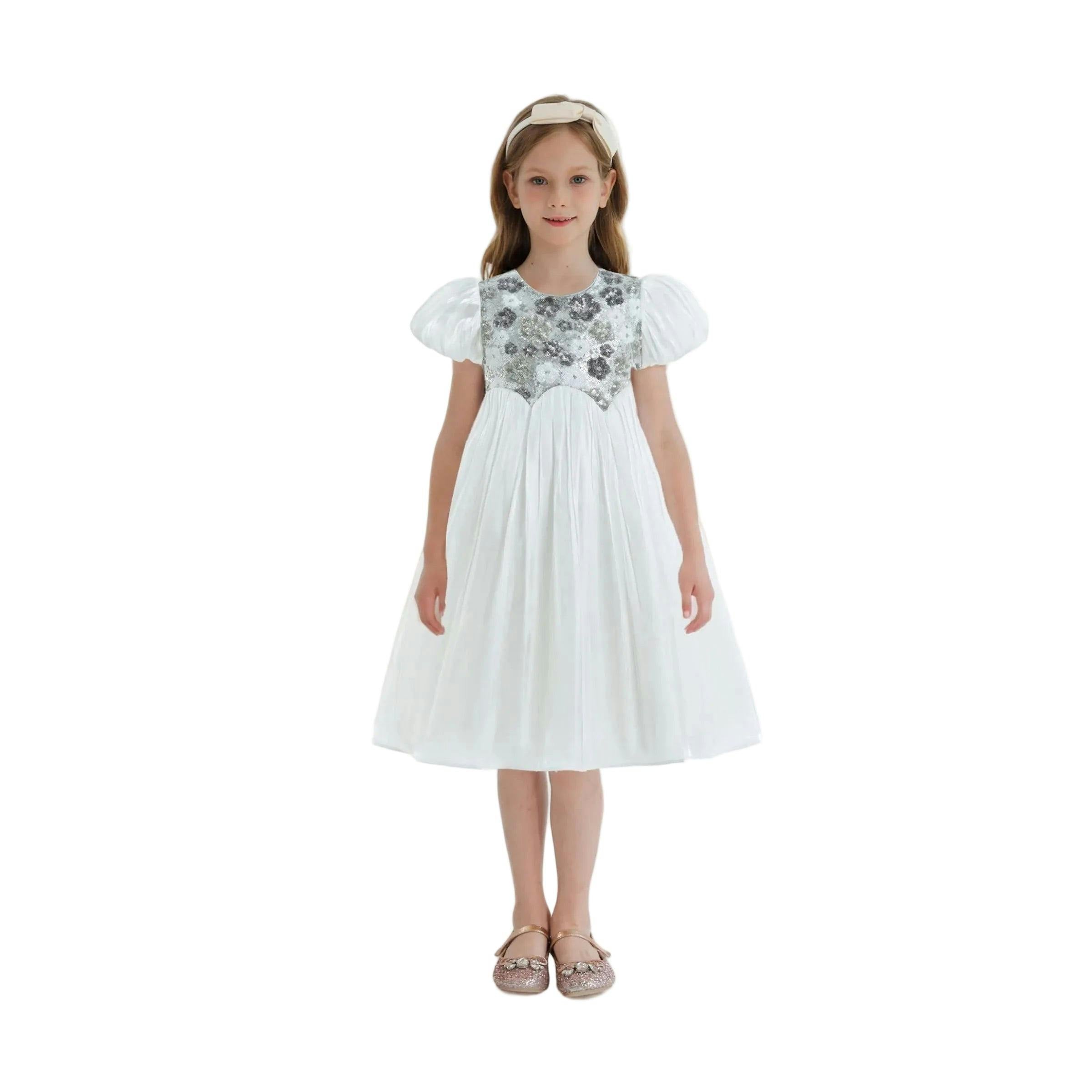 White Sequin Floral Bodice Dress