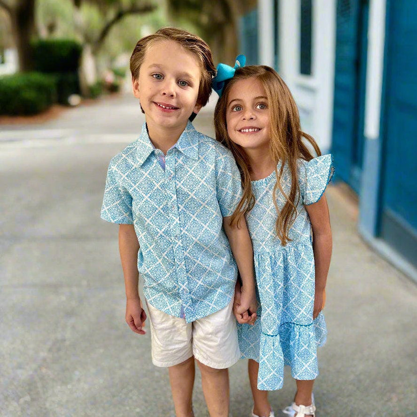 Geometric Blue Ruffle Dress
