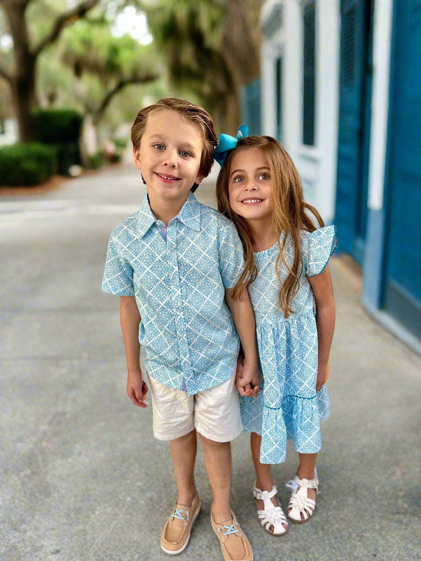 Geometric Blue Ruffle Dress