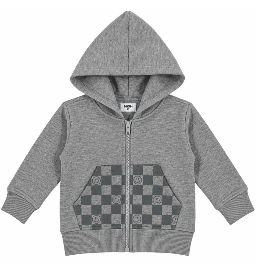 Kids French Terry Zip Hoodie - Heather Smile Check