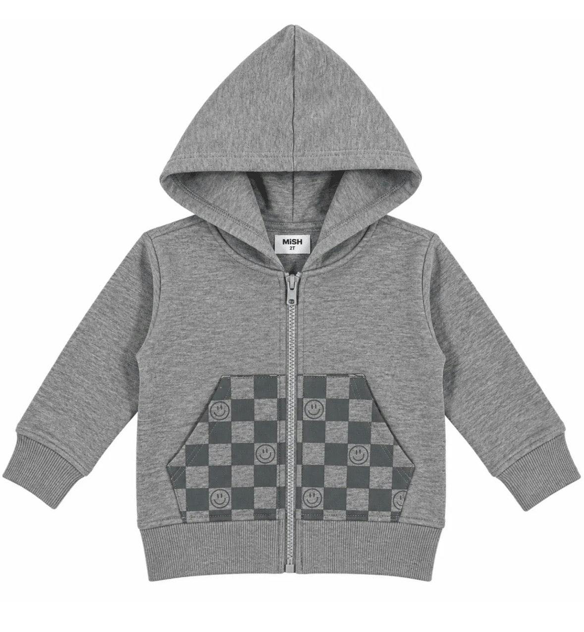 Kids French Terry Zip Hoodie - Heather Smile Check