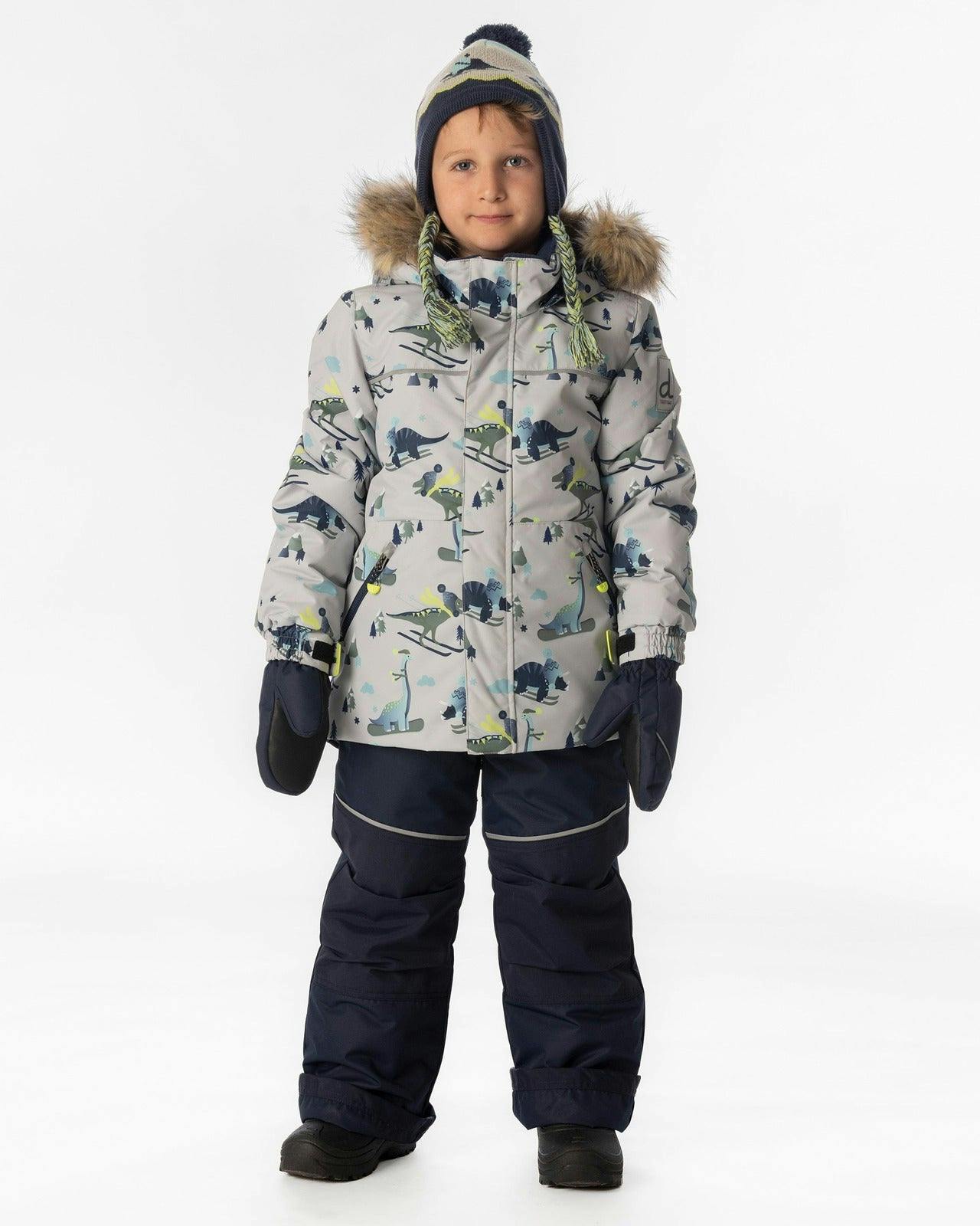 Two Piece Discover Snowsuit Grey Skiing Dinosaur Print