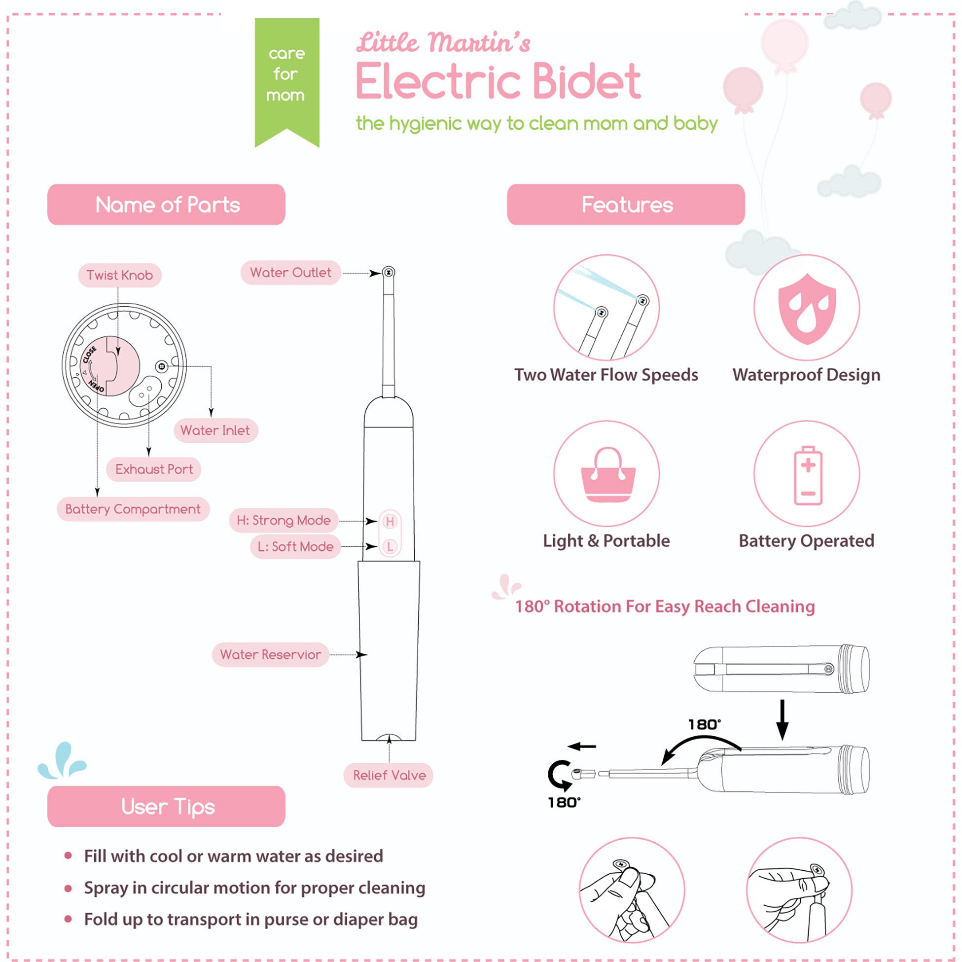Portable Electric Travel Bidet: Pink