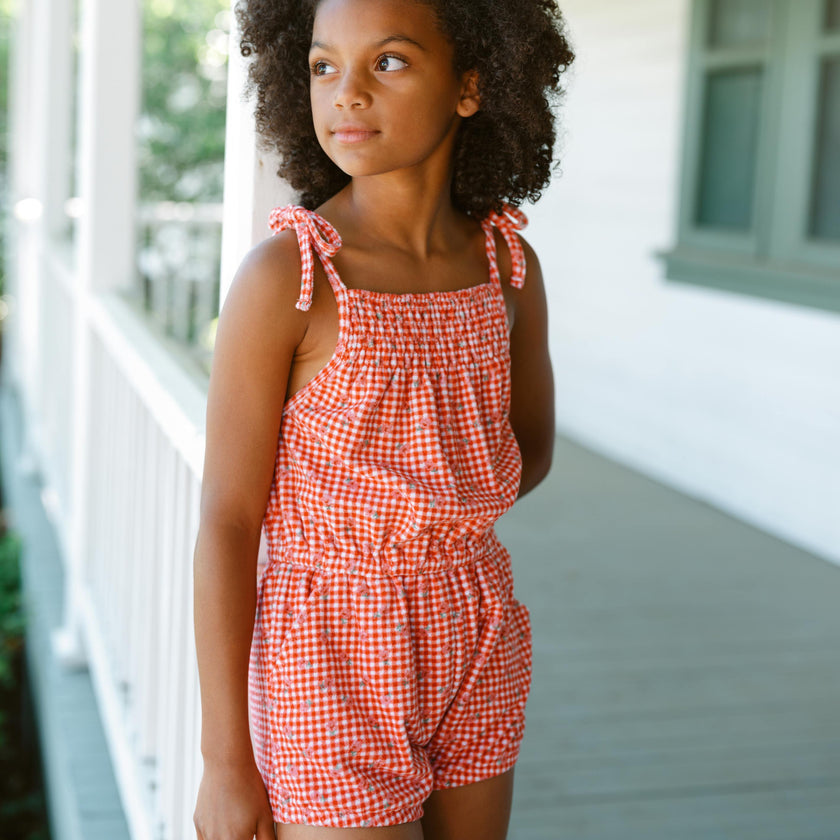 girls cranberry gingham french terry romper