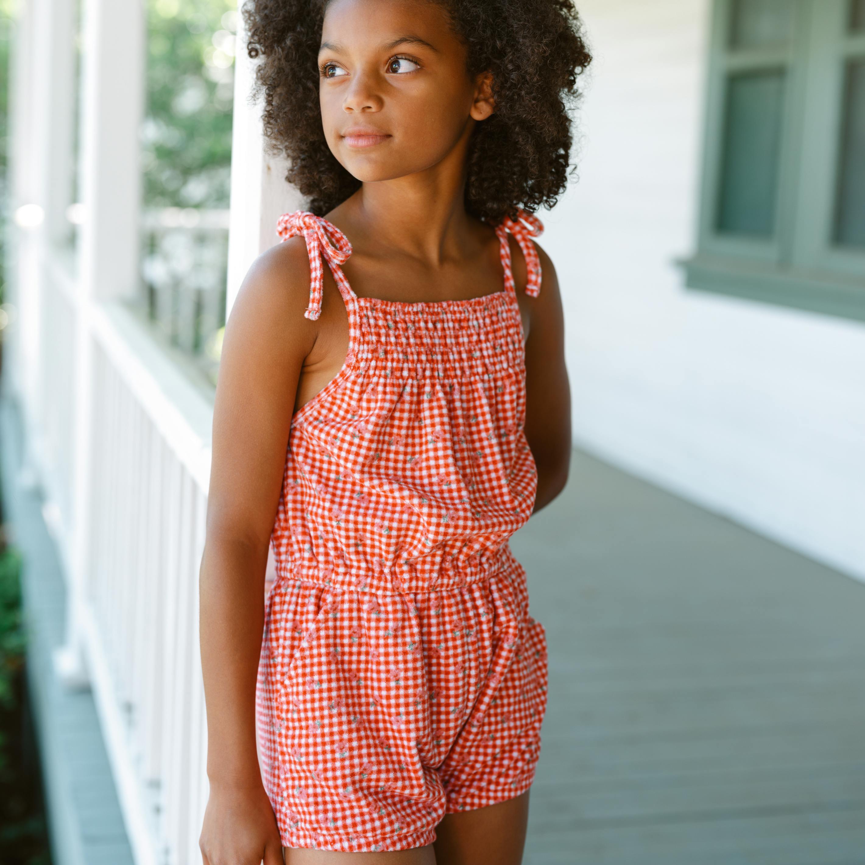 girls cranberry gingham french terry romper