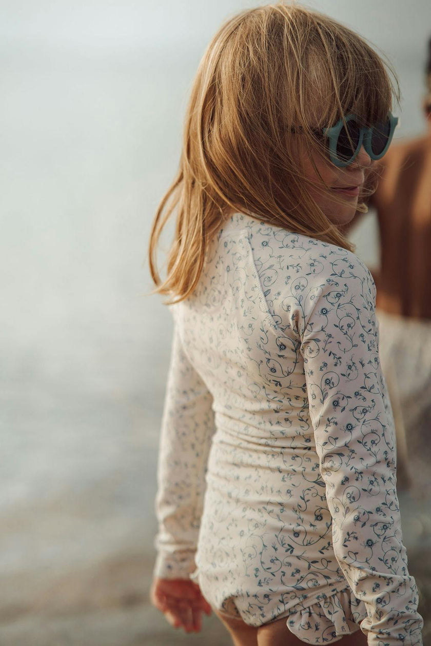 Long Sleeve Rashguard Ruffle Swimsuit | UPF + Recycled - Scandi Floral
