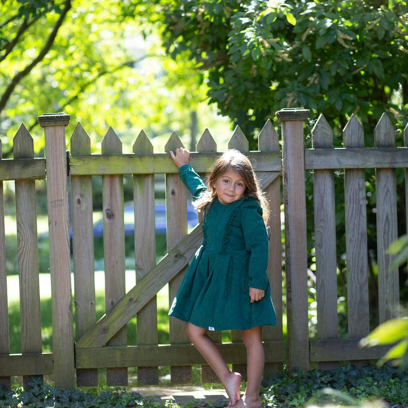 Long Sleeve Ruffle Dress in Green Corduroy