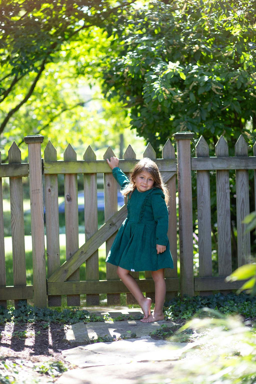 Long Sleeve Ruffle Dress in Green Corduroy