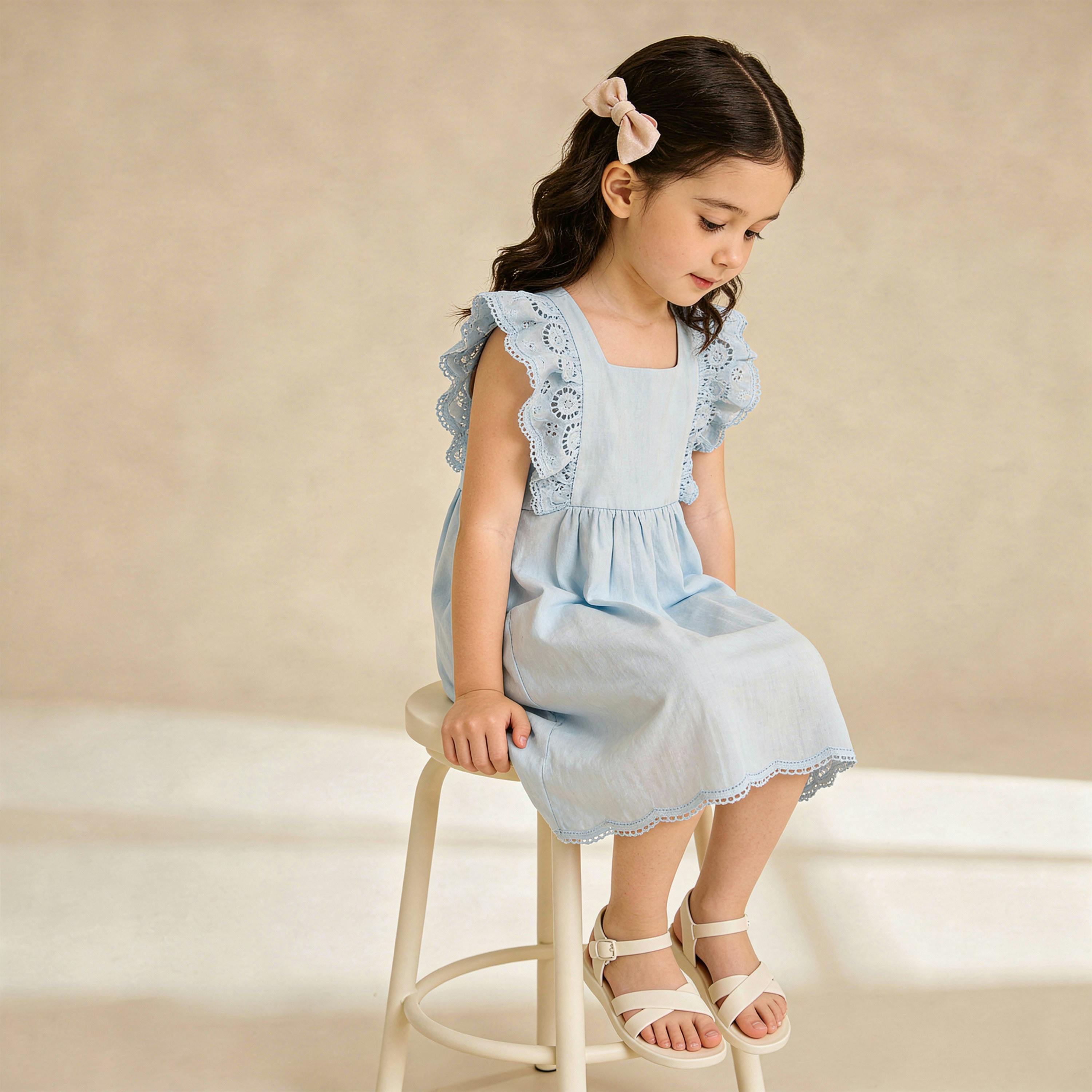 Organic Eyelet Flutter Dress - Light Blue Eyelet