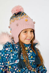Winter Peruvian Knit Hat With Pompom Pink And Blue Jacquard
