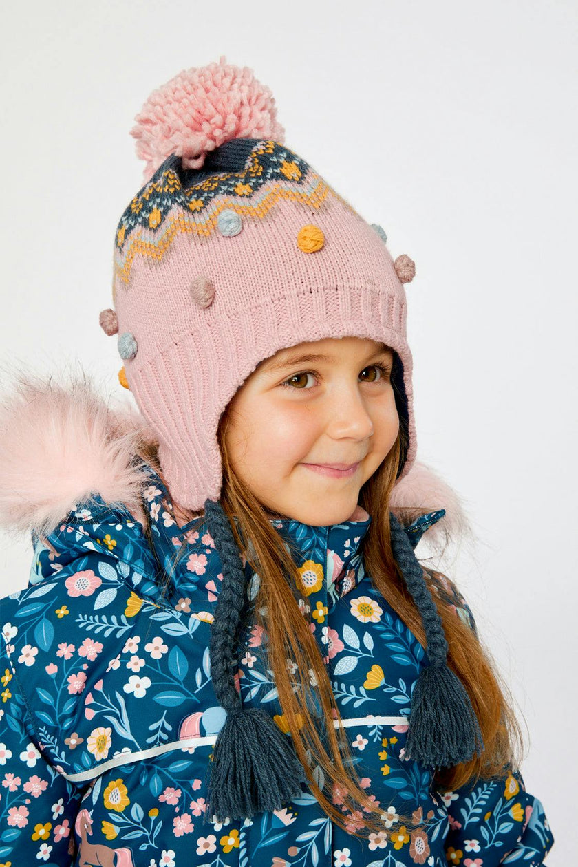 Winter Peruvian Knit Hat With Pompom Pink And Blue Jacquard