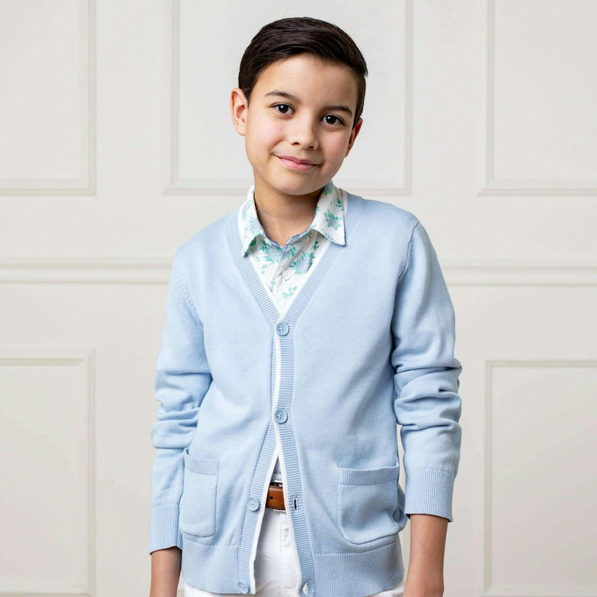 Organic Long Sleeve Tipped Cardigan Sweater, Blue