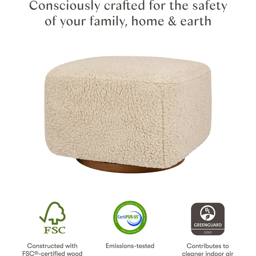 Kiwi Gliding Ottoman in Chai Shearling with Dark Wood Base
