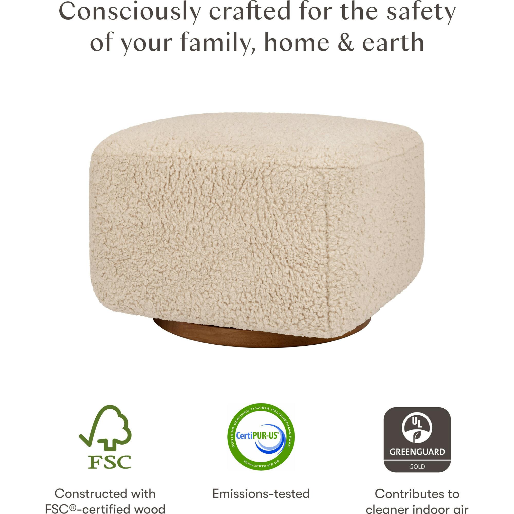 Kiwi Gliding Ottoman in Chai Shearling with Dark Wood Base